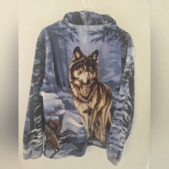 Vintage Trail Crest Wolf Animal Fleece Wood Outdoors Wolves Jacket Mens Large - Picture 2 of 6